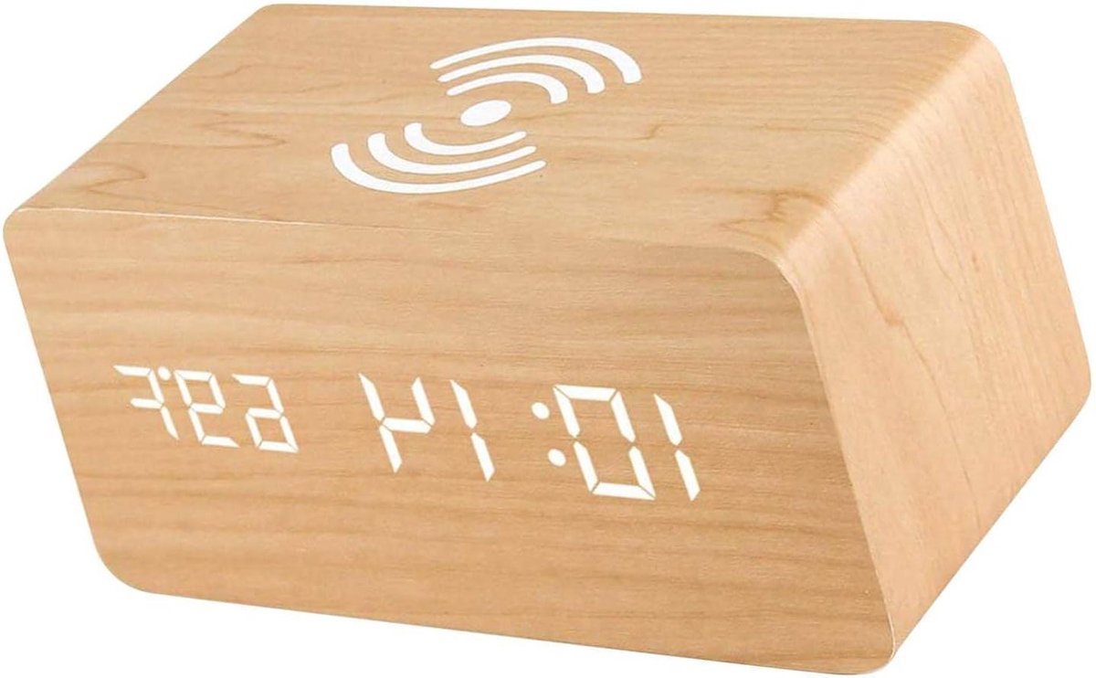 Digitale Wekker - Houten Klok - Wakker Worden - Draadloos Opladen - Niet Gespecificeerd - Houtkleur