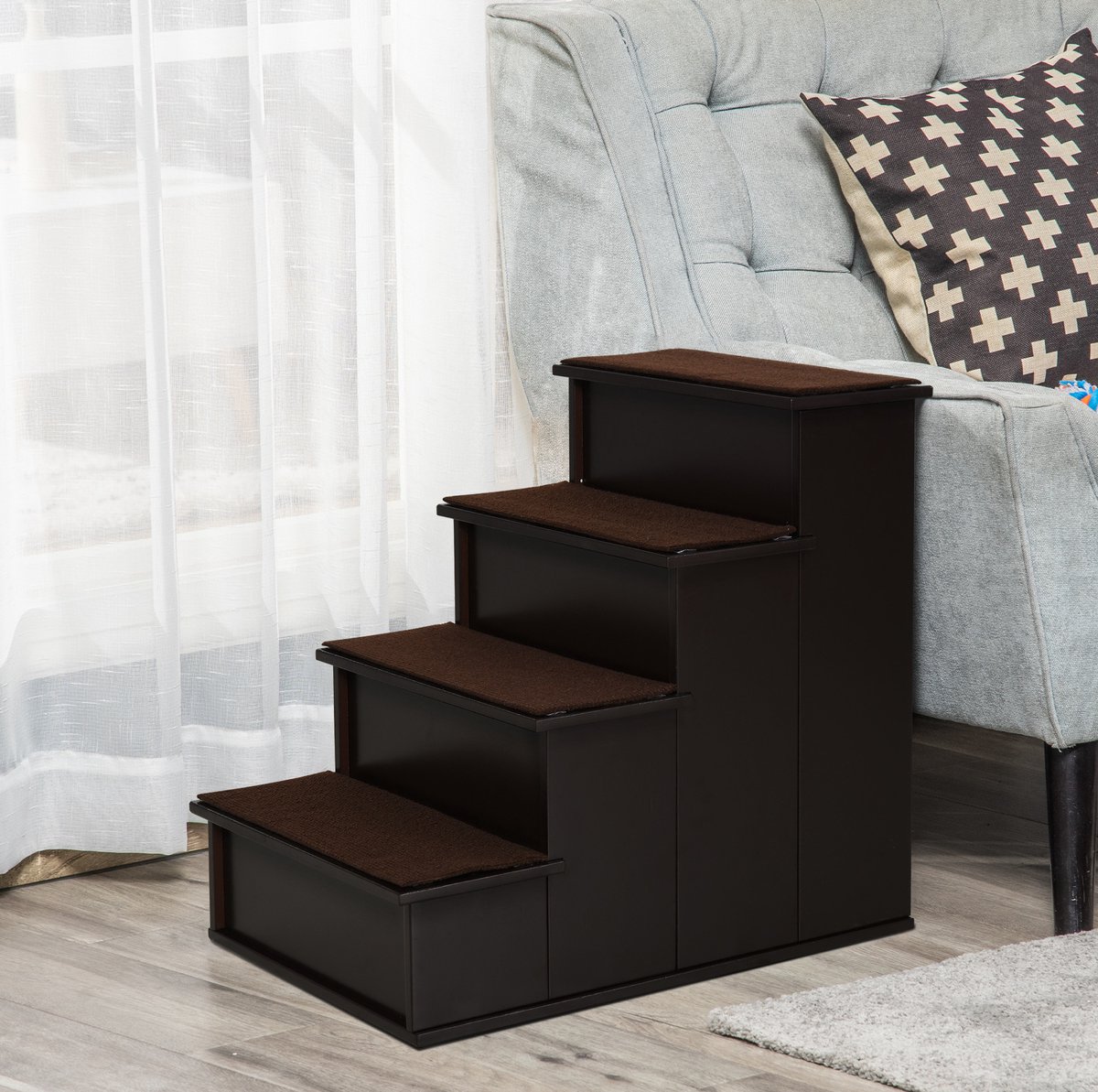 MEUNIQ Huisdiertrap voor hond en kat 59 x 40 x 54,2 cm, 4 treden met afneembare tapijtbekleding, opstaphulp voor bank en bed, MDF, donkerbruin