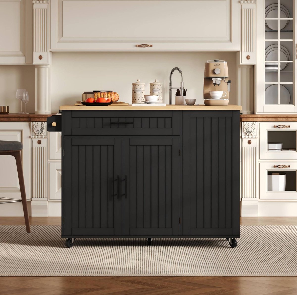 HAUSS SPOLE Keukenkast - Mobiel Keukeneiland Met Klapbaar Werkblad En Afvalkast - Met Lade En Wielen Voor Keuken - MDF - 130x45/70x93 Cm - Zwart