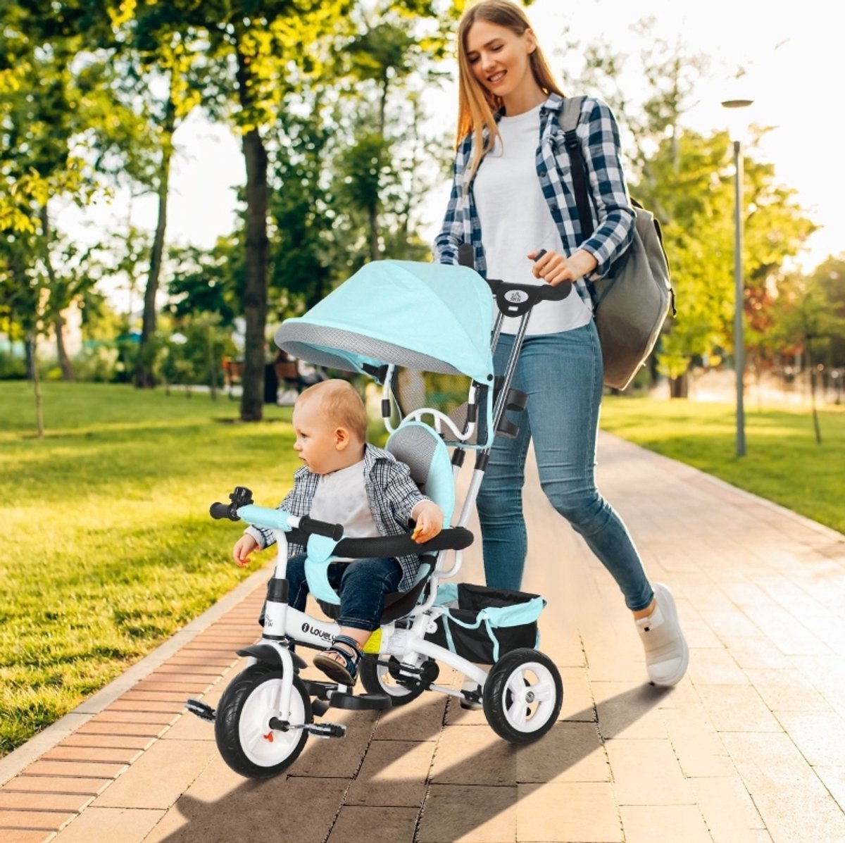 MEUNIQ 6-in-1 kinderdreirad met duwstang 95 x 50 x 106 cm, verstelbare duwbeugel en zonnedak, 5-puntsgordel, veiligheidsbeugel, mand en bekerhouder, groen
