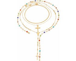 4-delige meerlaagse gouden kruis kettingen set voor dames, trendy, Boheemse kralen, Y-hanger, vintage rozenkrans ketting, stapelbaar, verstelbare lengte