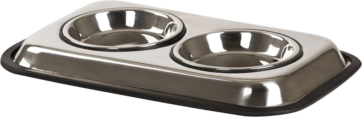 Voerbak Duo - Hondenbak Dubbel - Voeren en drinken - Antislip bodem - 37 x 23 x 3 cm - Zilver