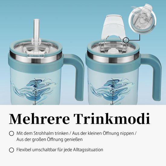 Reismok met handvat - Thermosbeker Koffiebeker - Warme koude dranken - Dubbelwandige isolatie - 500ml - Misty Blue — afbeelding 3