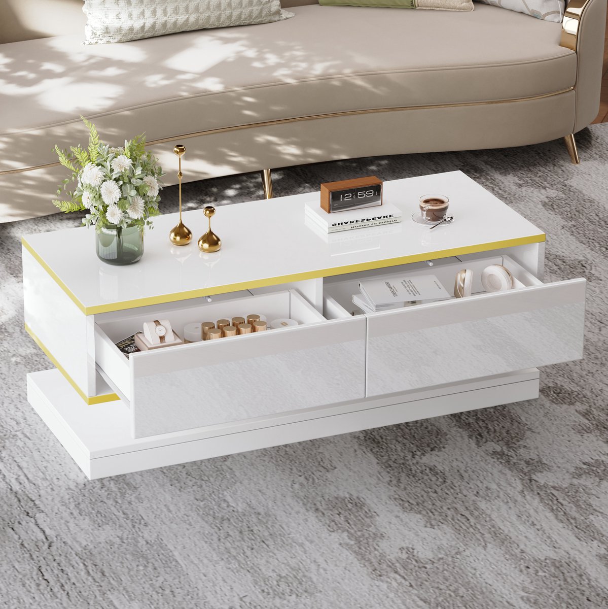HAUSS SPOLE Salontafel - Hoogglans Met 2 Lades En Gouden Rand - Voor Woonkamer En Sofahoek - Spaanplaat - 100x50x38 Cm - Warmwit
