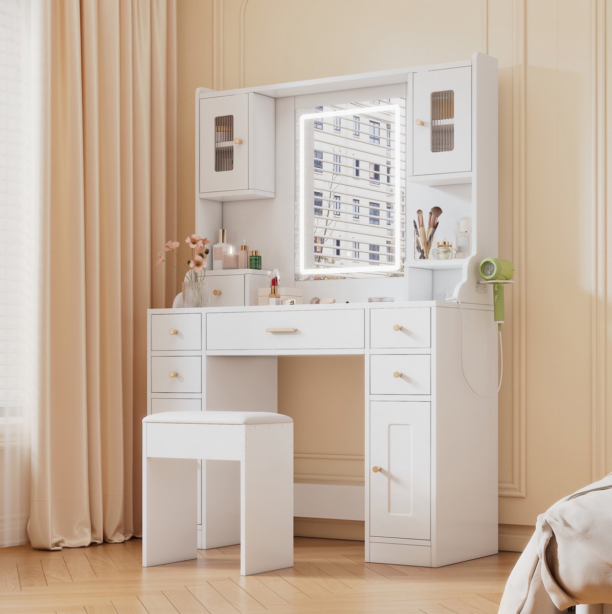HAUSS SPOLE Kaptafel - Met Spiegel En Verlichting En Stopcontacten - 6 Lades En 4 Deuren Voor Slaapkamer - Wit - 105x40x152 Cm