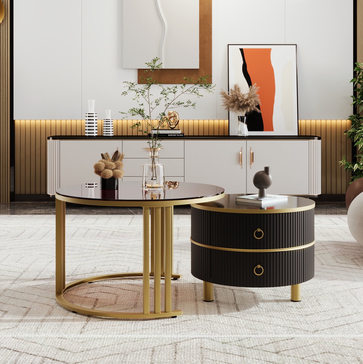 HAUSS SPOLE Salontafelset - Ronde 2 Delige Salontafel Met Hoogglans En Glas - Met 2 Lades Voor Woonkamer - MDF - 70x70x45 Cm - Zwart Goud