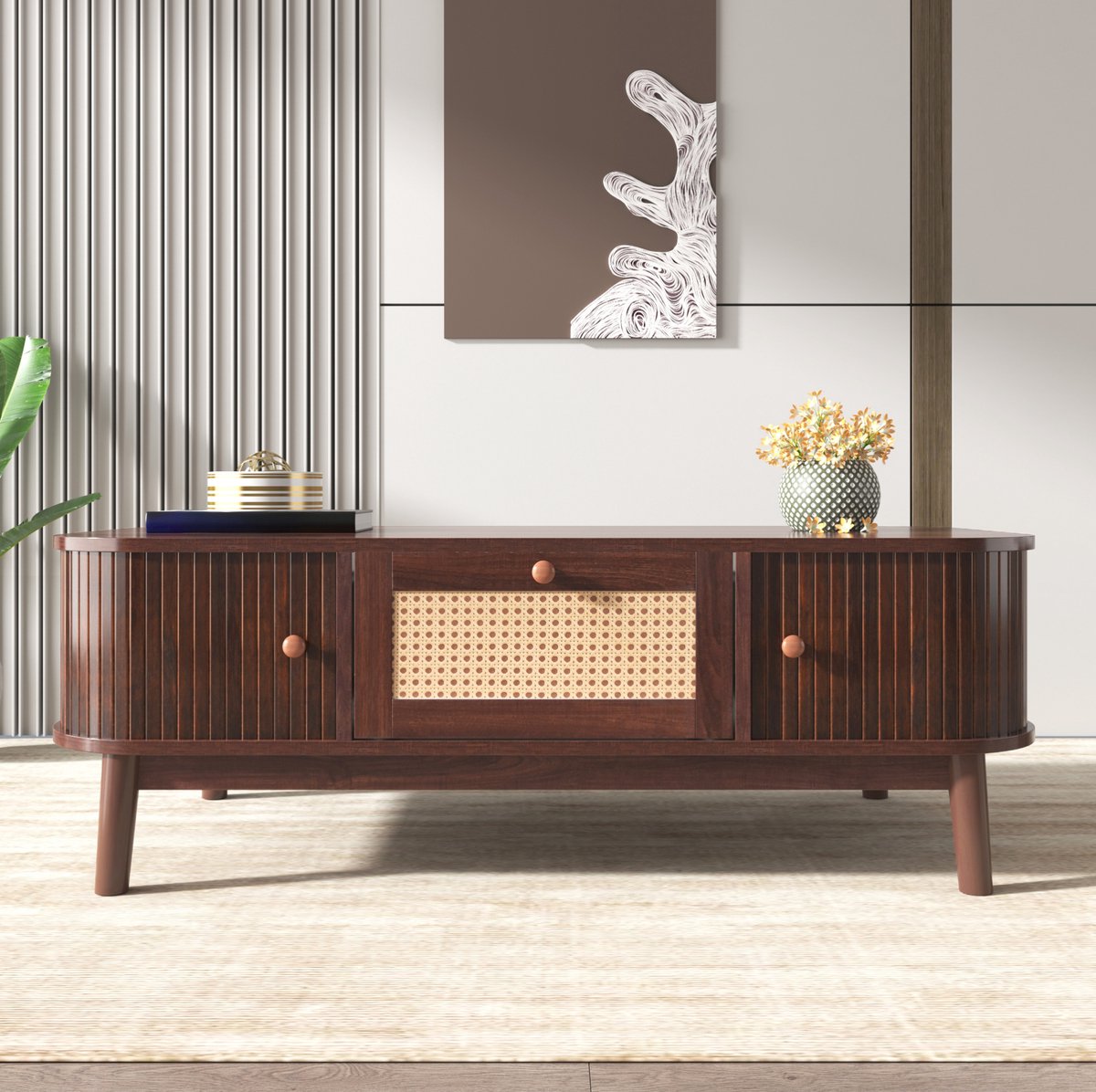 HAUSS SPOLE Salontafel - Met Rotan, Lade En Schuifdeuren - Landelijke Opbergruimte Voor Woonkamer - MDF En Hout - 110x55x38,5 Cm - Naturel