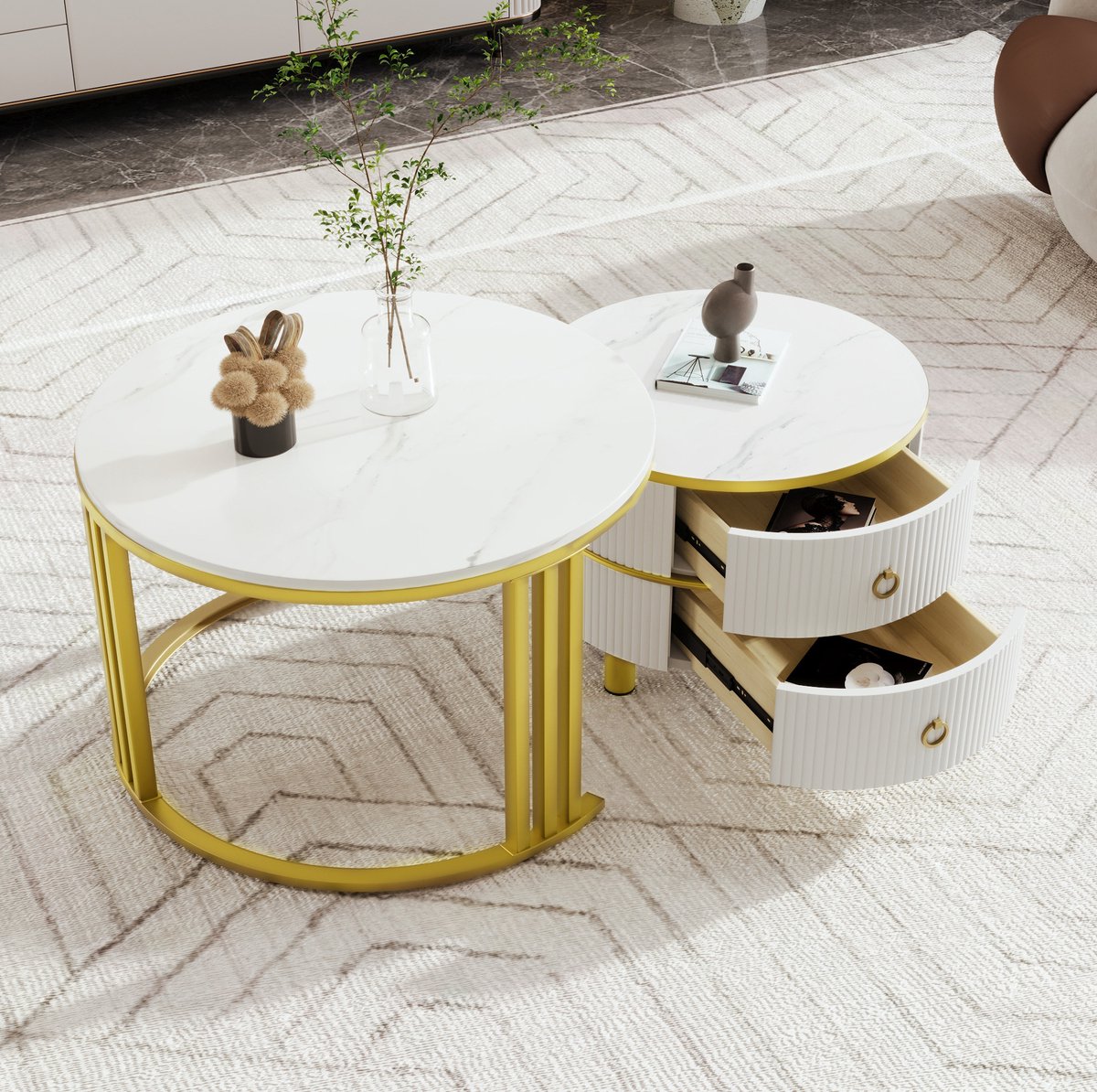 HAUSS SPOLE Salontafel - 2-Delige Ronde Set Met Lades En Hoogglans Marmerlook - Voor Woonkamer - MDF - 70x70x46 En 50x50x40 Cm - Wit Goud