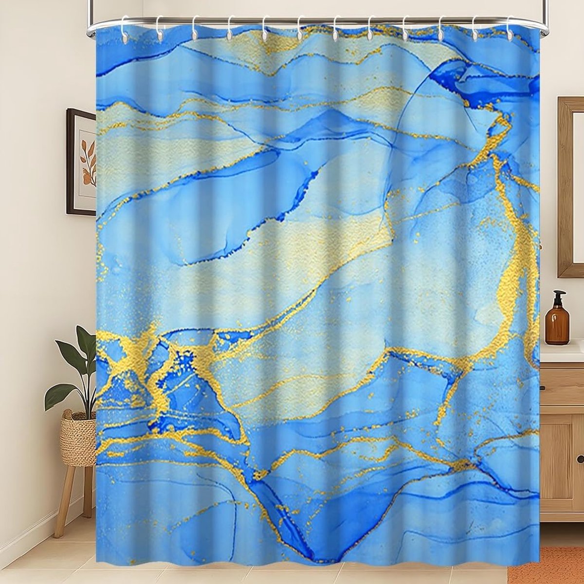 Douchegordijn Aquarel Marine Blauw Gouden Lijnen Waterdichte Polyester Badkamergordijn Luxe Modern Esthetisch Artistiek Wasbaar Schimmelwerend Badkamer Decoratief Stof