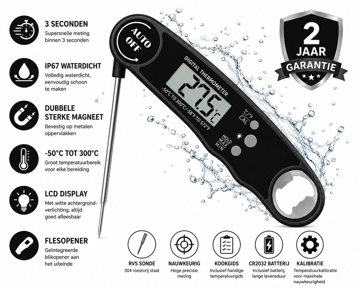 Premium Vleesthermometer Digitaal – Waterdicht IP67 – BBQ Thermometer met Dubbele Magneet – Kernthermometer voor Vlees, Oven, BBQ & Airfryer – Binnen 3 Seconden – Inclusief Batterij