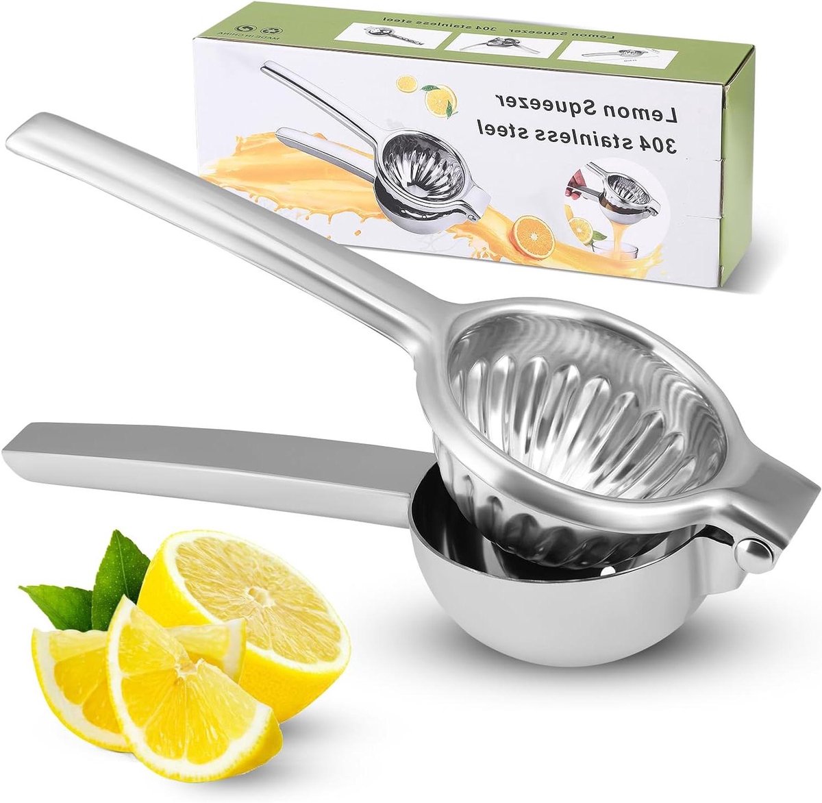Citroenpers Roestvrij Staal - Handpers Citrus - Vers Sap Maken - Extra Grote Kom - 8.5 cm - Zilver