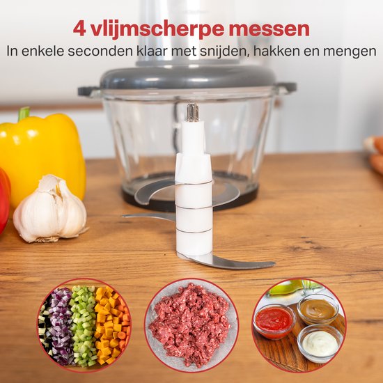AoraKitchen Hakmolen Electrisch - 2L Glazen Kom - BPA-Vrij - 400W - 2 Snelheden - RVS - Elektrische Hakmolen - Food Chopper van AoraKitchen — afbeelding 3