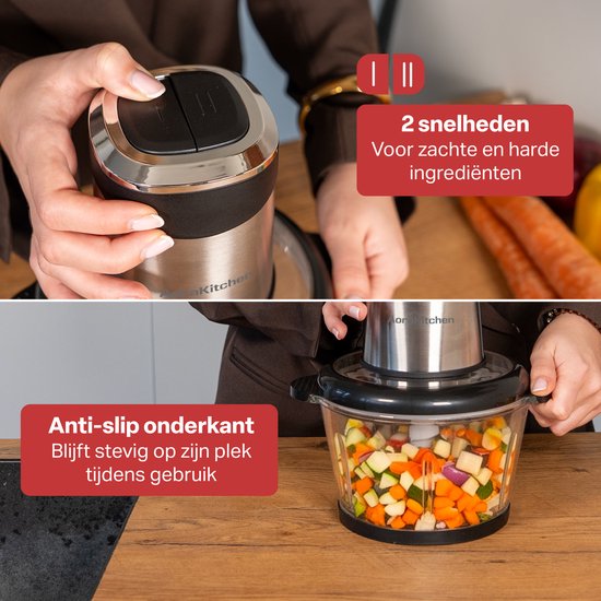 AoraKitchen Hakmolen Electrisch - 2L Glazen Kom - BPA-Vrij - 400W - 2 Snelheden - RVS - Elektrische Hakmolen - Food Chopper van AoraKitchen — afbeelding 2