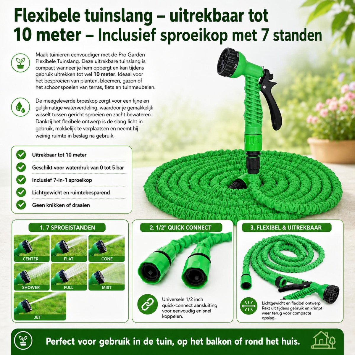 Pro Garden Uitrekbare tuinslang - tot 10 meter - flexibel - met broeskop - groen – foto 5