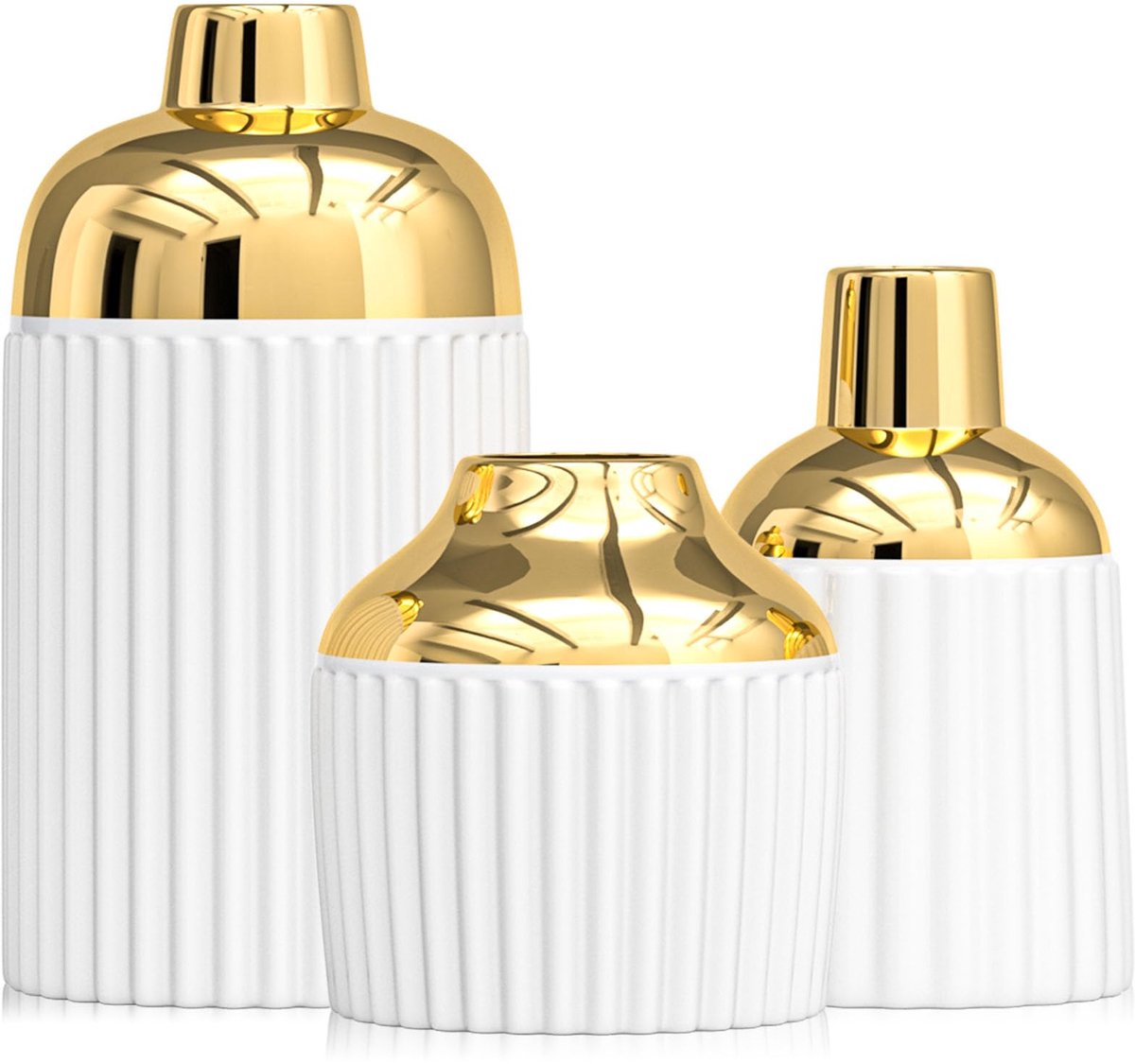 3-delige gouden keramische vazen voor woondecoratie, moderne decoratieve vazen voor bloemen, pampasgras en eucalyptus, geribbelde esthetische set voor mantel, plank, geschenken voor