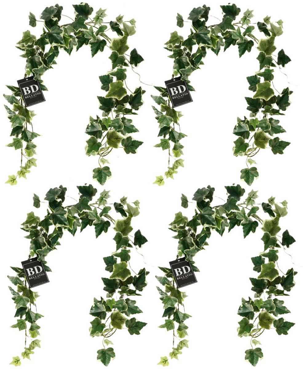 Bellatio Design kunstplant/hangplant slinger - 4x - Klimop/hedera - groen/wit - 180 cm - lang - planten guirlandes