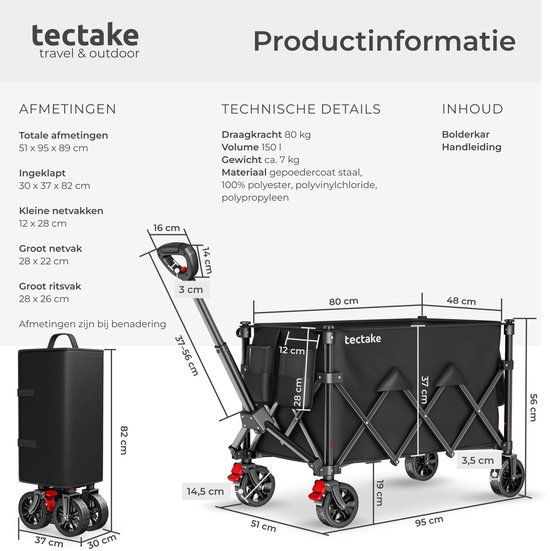 tectake® Bolderkar - Opvouwbaar - 100 kg Draagkracht - Draaibare Massieve wielen met Rem - 51 x 95 x 89 cm - Bolderkarren - XXL Bolderwagen - Met Verstelbare Duwstang - Handkar - Waterafstotende Transportwagen - Met Legplank en Binnenvak van TecTake — afbeelding 4