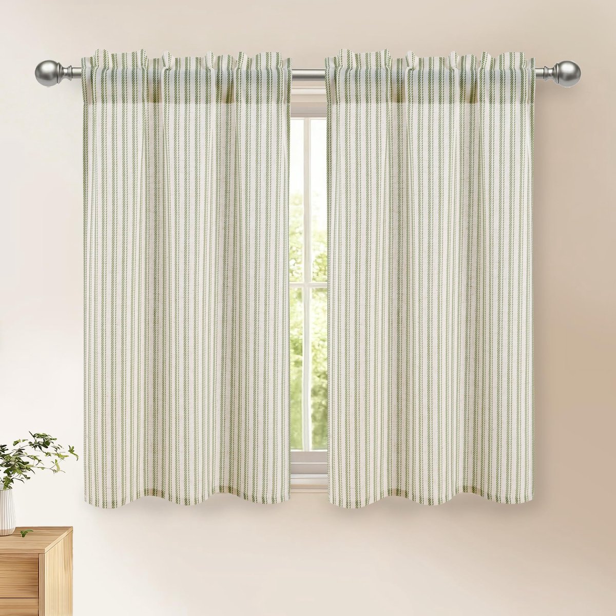 Gestreept groene gordijnen, linnen, vitrage, kort, 120 x 60 cm, 2 stuks, semi-transparant, keukengordijnen, modern bistrogordijn met stang, voor kinderkamer, kastgordijn, badkamer, landhuis