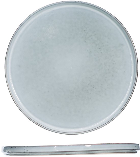 Een lichtblauw, rond Cosy&amp;Trendy Loft plat bord van 29,5 cm met een geglazuurde afwerking, getoond van bovenaf en van de zijkant.