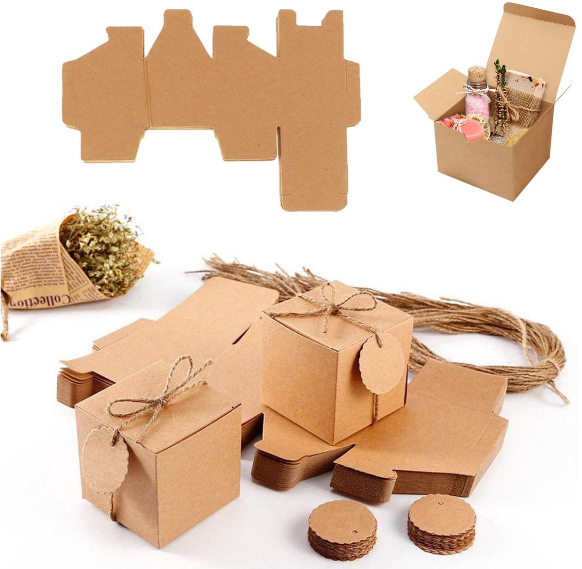 Kartonnen dozen, kartonnen dozen 7 x 7 x 7 cm, bruine kartonnen dozen met deksel, geschenkdoos, vierkant, voor geschenken, verjaardag, feest