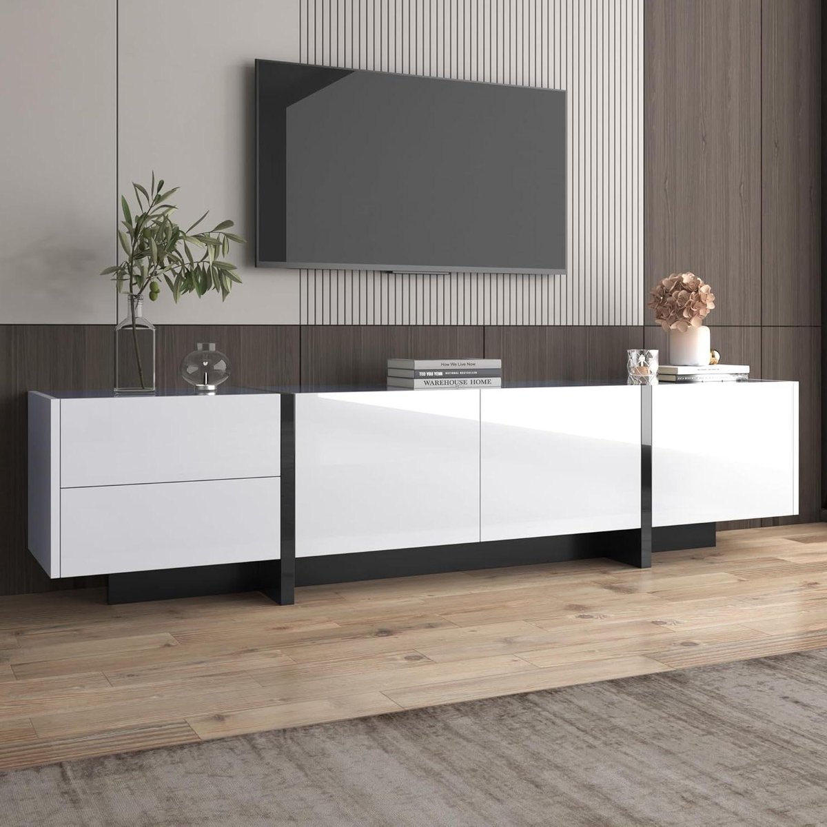 TV meubel - Lowboard dressoir - Media opbergen - Color blocking design - 190 cm breed - Wit zwart