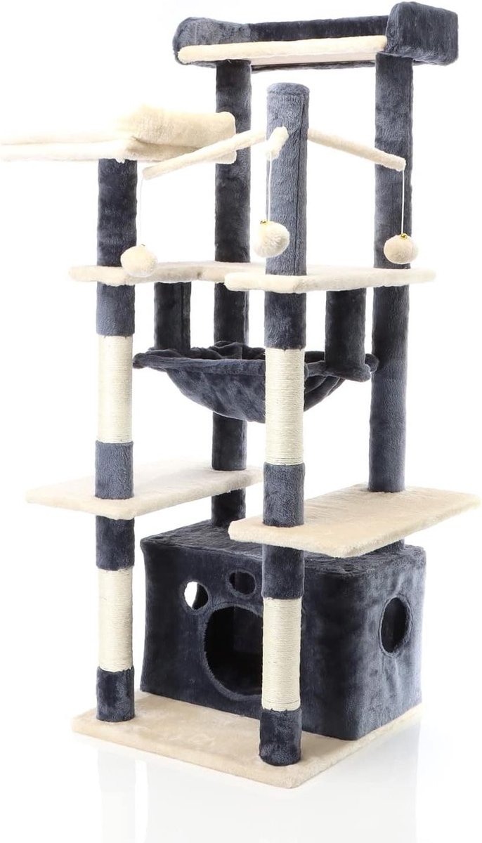Krabpaal voor katten - Kattenboom speelhuis - Spelen en rusten - Meerdere platforms - 134 cm hoog - Donkergrijs