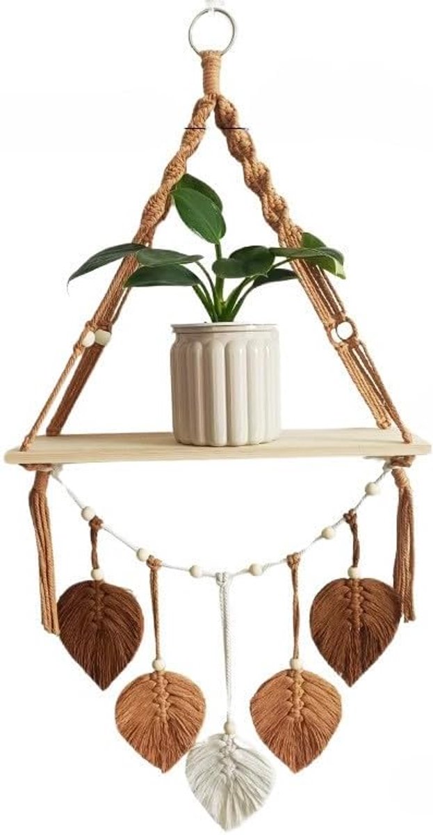 wandhangrek, wandplantbeugel, planken met handgemaakte geweven bladeren, rustieke houten praktijk, eenvoudig te installeren (bruin)