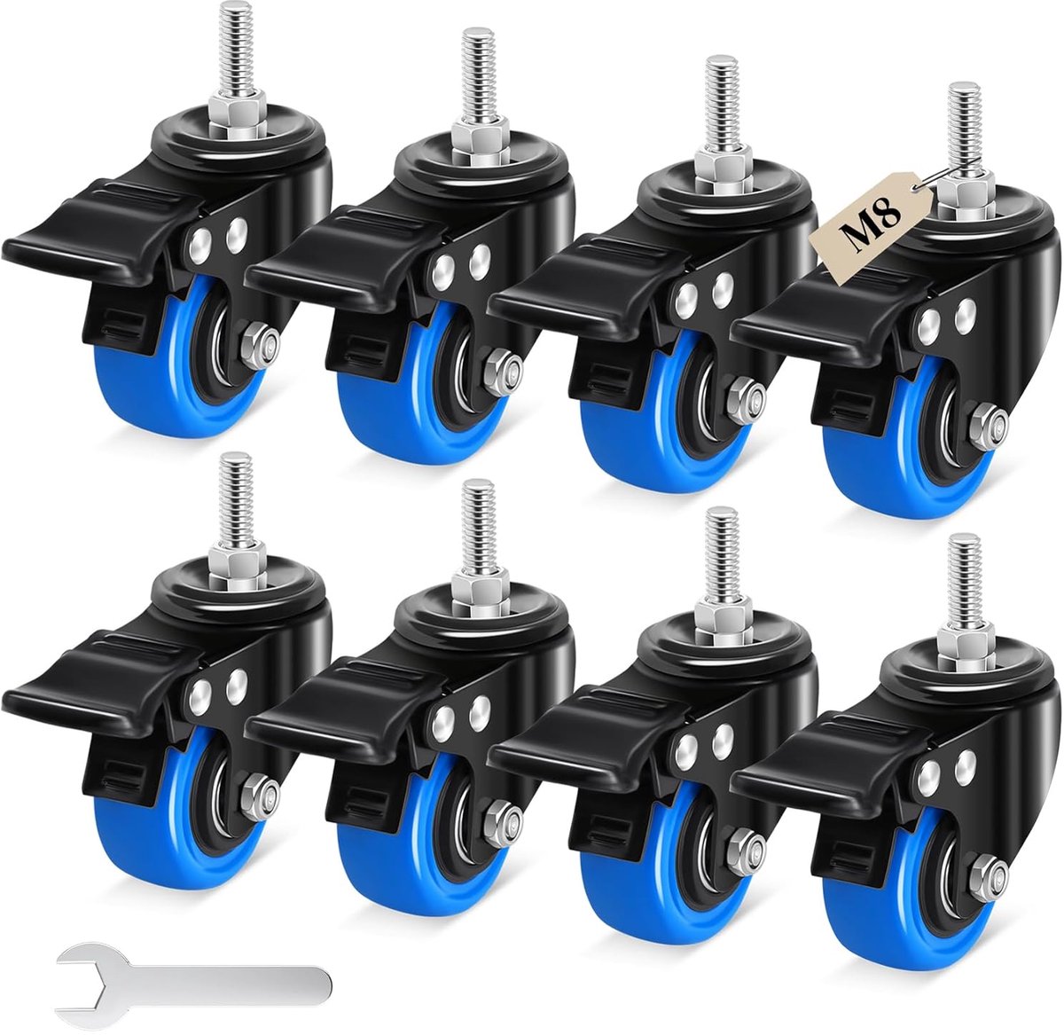 50 mm zwenkwiel voor meubels, draadstang, M8 x 1,25 x 25 mm, capaciteit 67 kg per rol, 360 graden zwenkwiel met rem voor meubels, barbecue, karren, transport, 8 stuks
