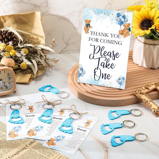 50 Delige Set Bedankjes voor Babyshower Jongen: Flesopeners, Tags en Welkomstbord van Amy & Benton — afbeelding 2