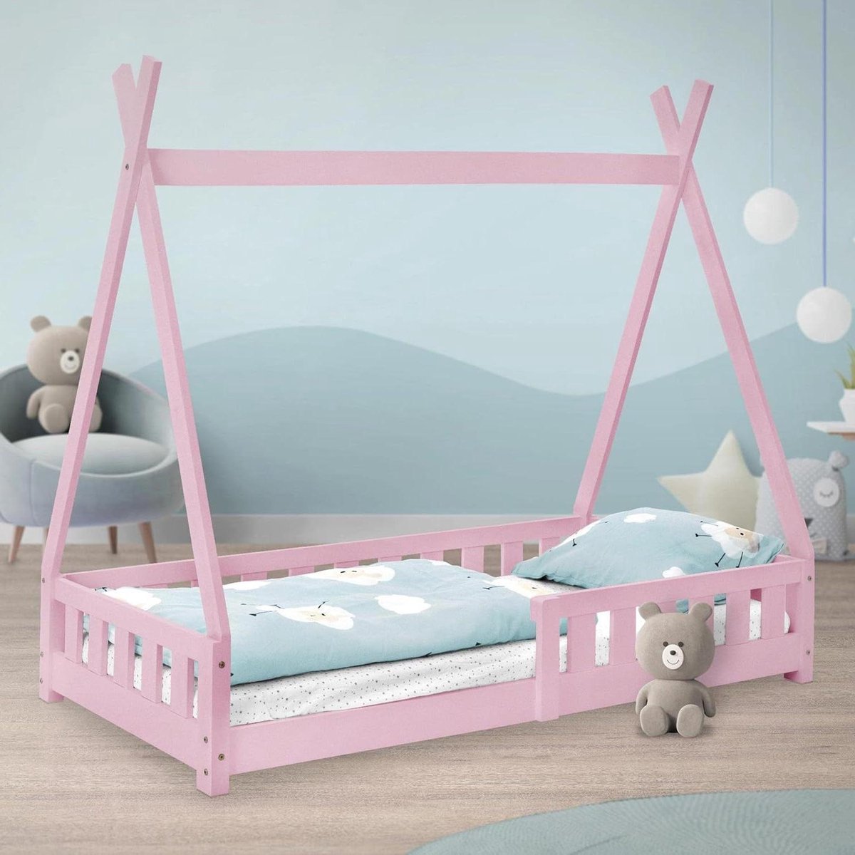 Kinderbed Tipi - Huisbed Meisjesbed - Spelen en Slapen - Massief Grenenhout - 80 x 160 cm - Roze