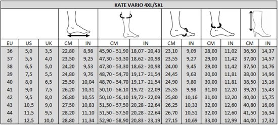 Maattabel voor 'Kate Vario 4XL/5XL' laarzen, met afmetingen in EU, US, UK, CM en IN.