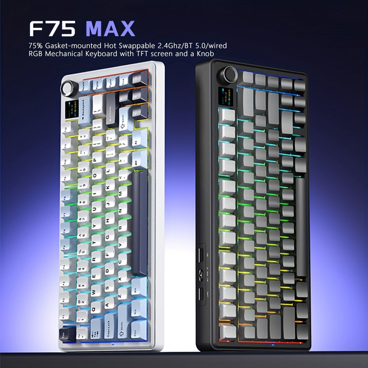 AULA F75 MAX - Draadloos Mechanisch Toetsenbord Met TFT-Scherm En Draaiknop - Gamingtoetsenbord Met Pakking In 75%-Layout - Hot-Swappable - RGB-Achtergrondverlichting - Voor PC/Mac/Linux (Lichtblauw + Zwart En Wit) thumbnail 6