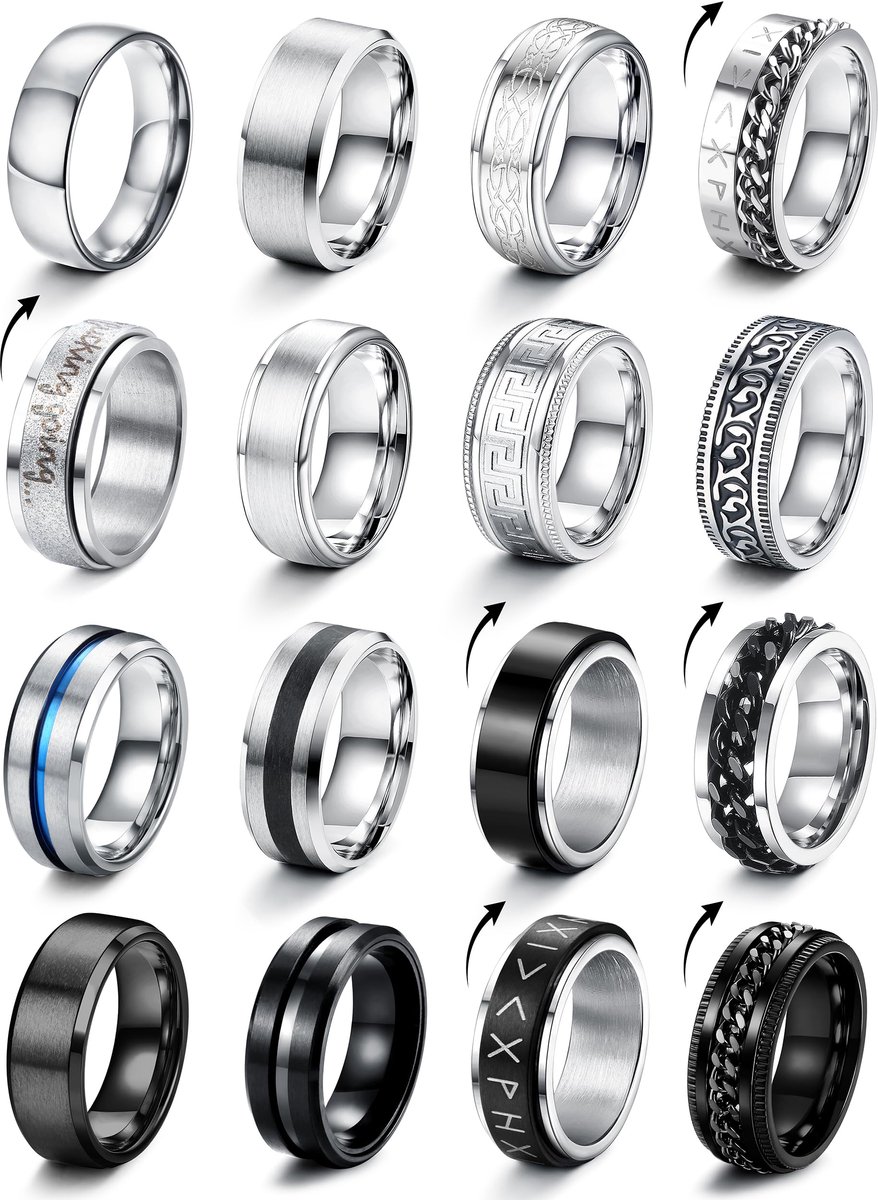 16 Stks Zilver Zwarte Ringen voor Mannen Rvs Spinner Ringen Matte Finish Gepolijste Band Ringen Kettingringen Keltische Ring Viking Ringen Trouwring Verlovingsbelofte Ring