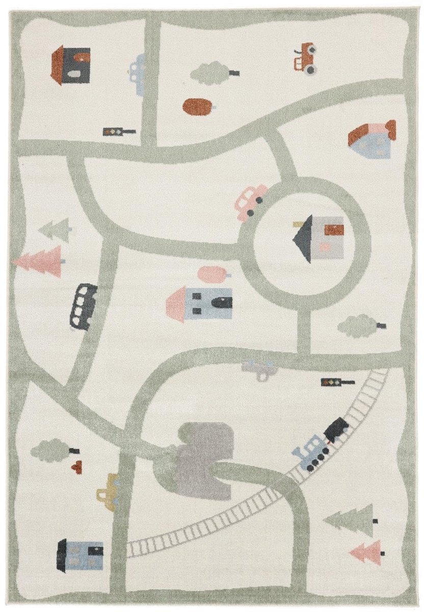 Road map, Kinderkleed, Moderne Kinderen, 140 x 200 cm, Rechthoekig, Laagpolig, Kinderkamer, Machinewas, Zonder gevaarlijke chemicaliën, Wit/Multi