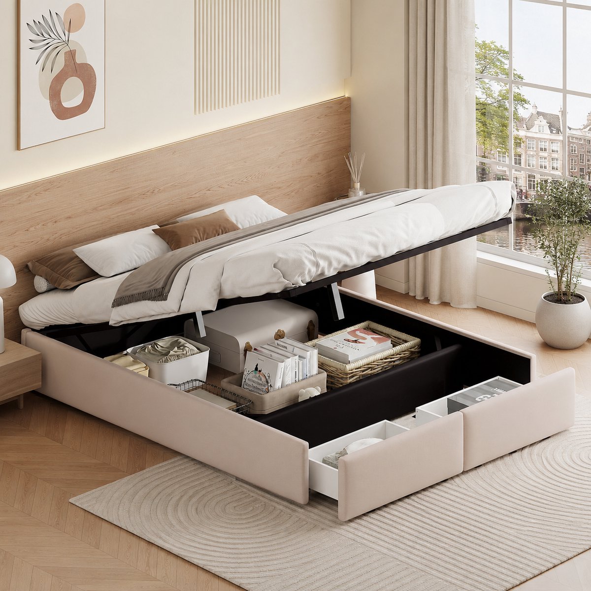 MEXUS Opbergbed 140x200 cm - Hydraulisch platformbed met opbergruimte en 2 lades - Gestoffeerd tweepersoonsbed 140x200 voor volwassenen en tieners, linnen beige (hoofdbord niet inbegrepen)