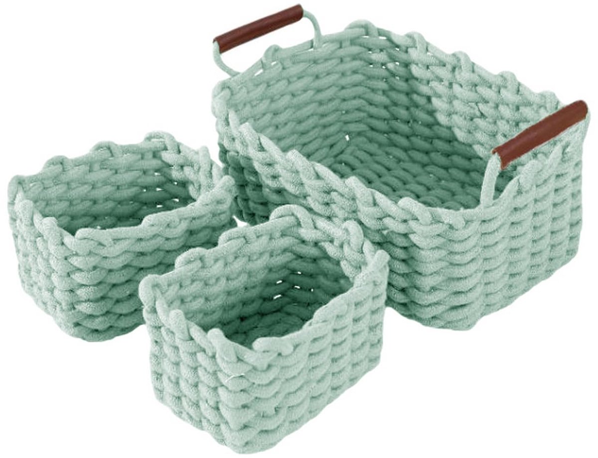 Opbergmand, katoen, gebreide mand, decoratieve natuurlijke rechthoekige waterdichte opbergdozen, organizer voor babykamer, slaapkamer, woonkamer, groen, verpakking van 3 stuks