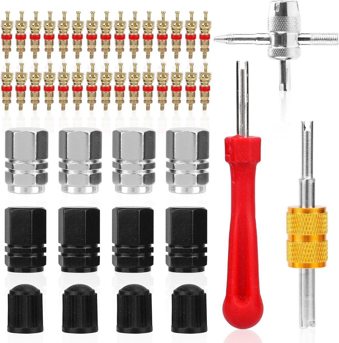 Bandenventiel Gereedschap - Ventielkern Tool - Band Onderhoud - 4-in-1 Set - 30 Kernen 12 Doppen - Multicolor