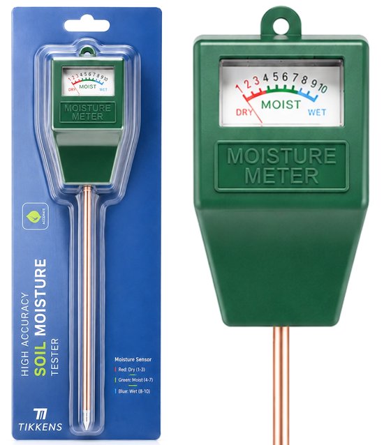 Humidimètre vert "TIKKENS" dans son emballage et séparément, affichant "MOISTURE METER".