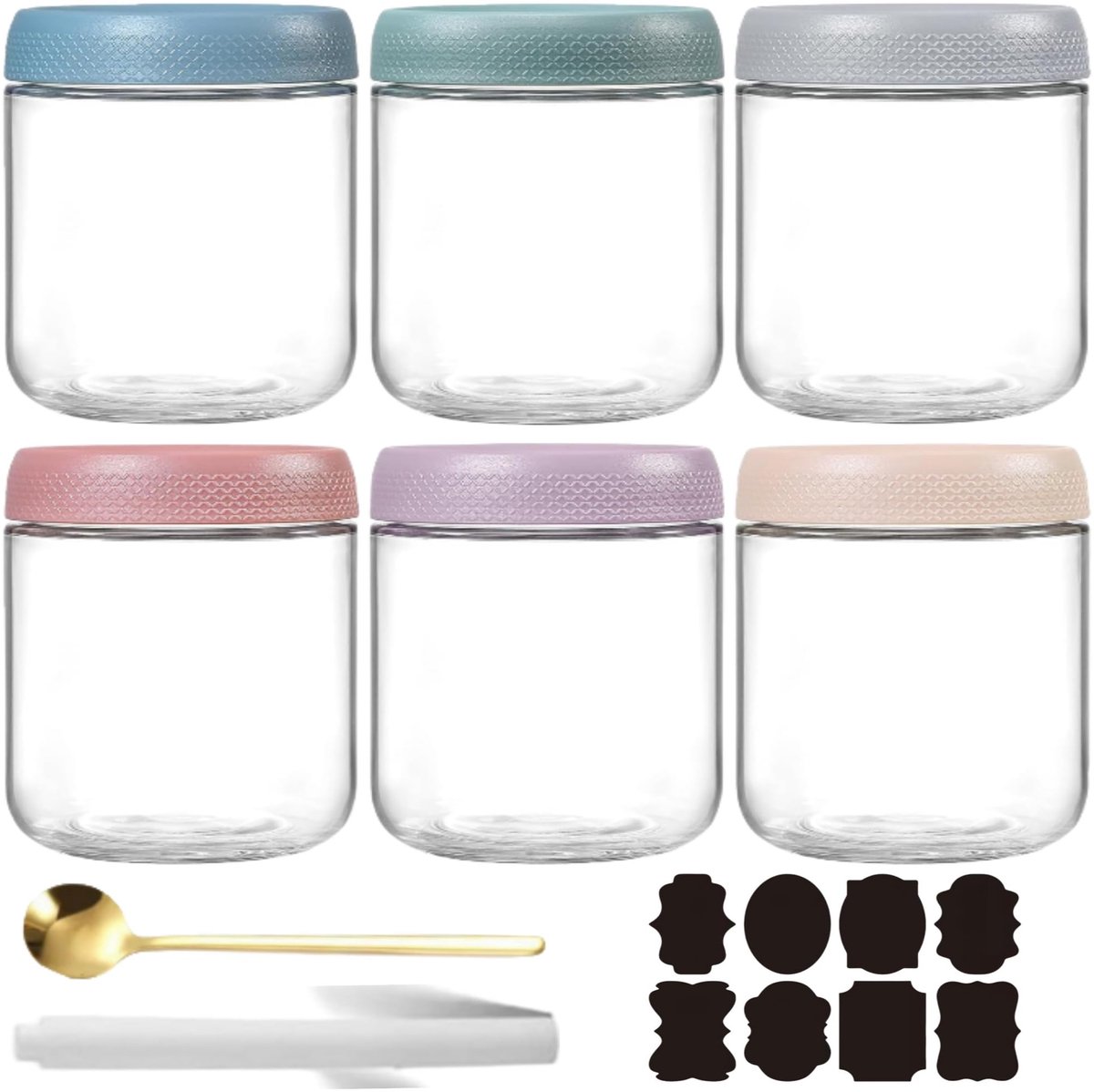 4 stuks blauw 300ml overnight havermout maaltijdvoorbereiding salade levensmiddelen muesli snack container pudding yoghurt bewaardoos afsluitbare pot (wit, roze, blauw, groen, paars, rood)