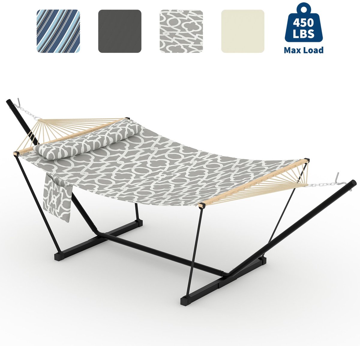 Hangmat Groot met Houten Spreidstok - 2 persoons - Stalen Standaard - Schommelbed - Verstelbare - Afneembaar Kussen - 200kg Draagvermogen - Voor Tuin Terras Strand - Lichtgrijs