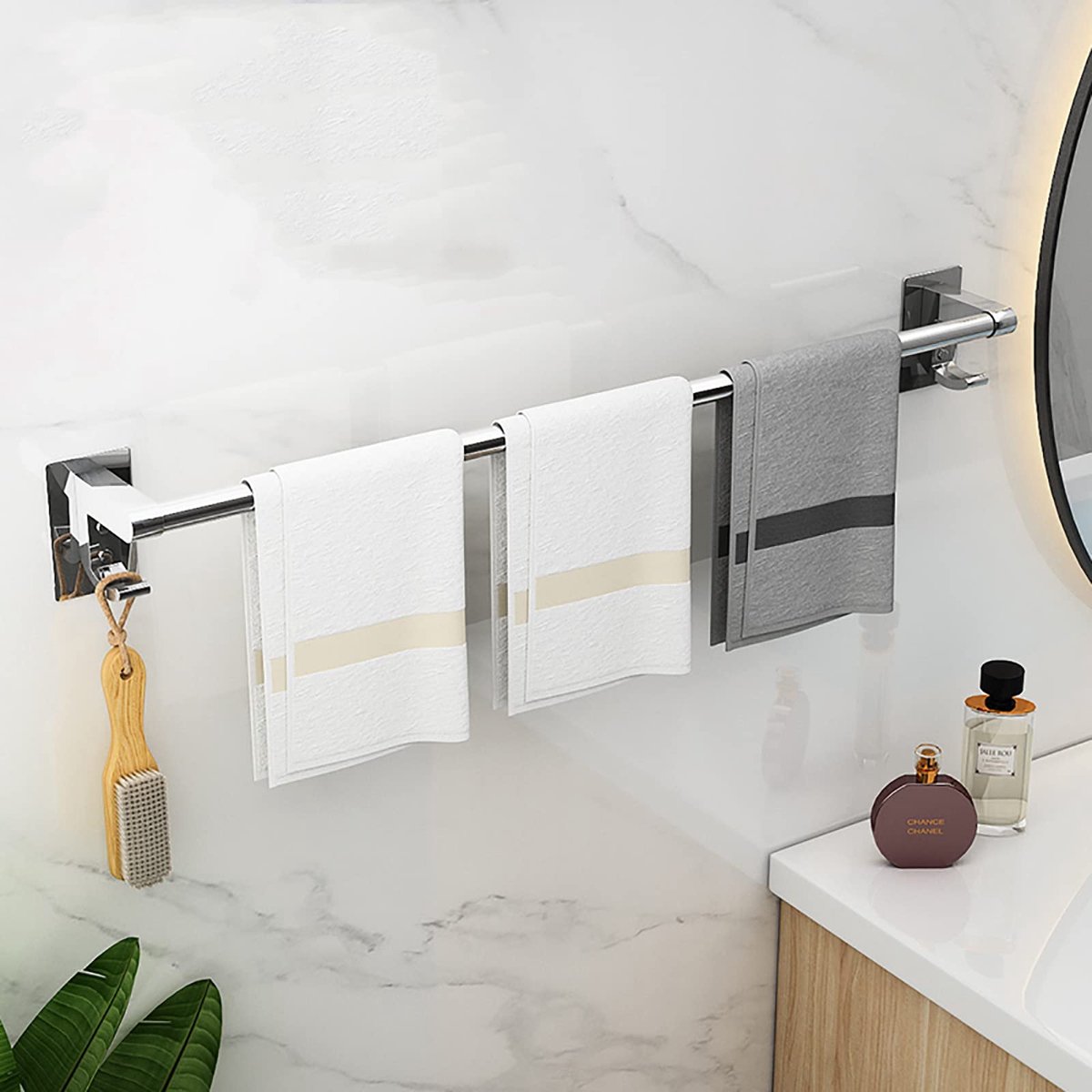 enkele handdoekenrek, badkamer of keuken handdoekrails premium roestvrij stalen handdoekenrek wandmontage rek bar badkameraccessoires, zonder boren, gepolijste afwerking, zilver (31,5 in/80 cm)