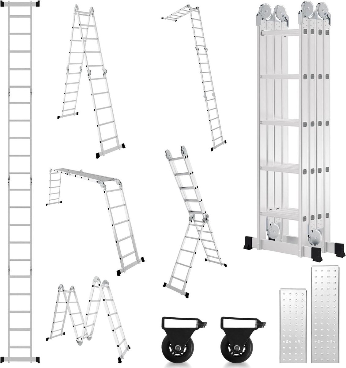Multifunctionele Ladder - Werkladder Vouwladder - Klussen Binnen Buiten - Met Platforms Wielen - 582 cm Lengte - Zilver