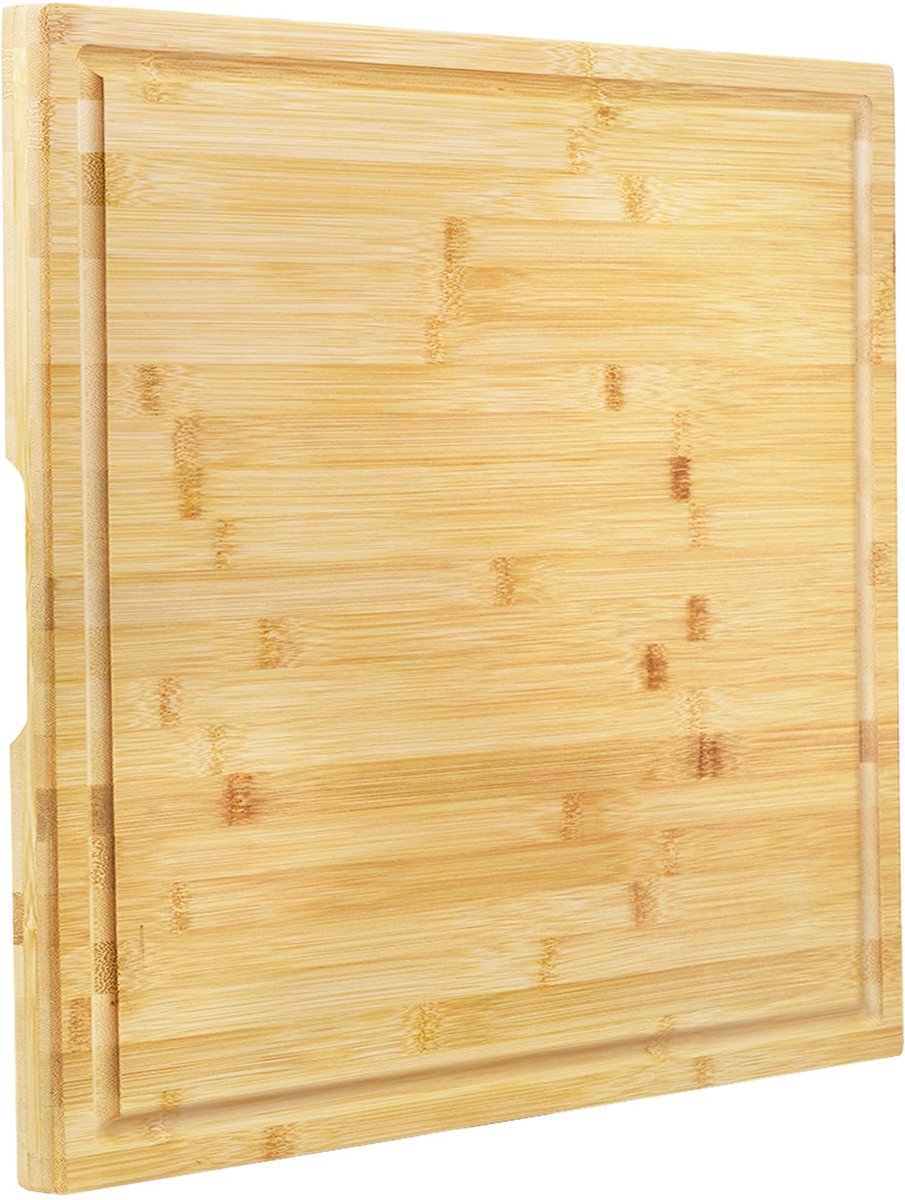 Snijplank, XL bamboe snijplank met sapgroef, handvat | Groot slagerblok voor keuken (50.7 x 50.7 x 2.5 cm)