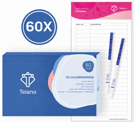 Telano ovulatietest 60 stuks, inclusief kalender en twee teststrips. Blauwe verpakking met witte en roze accenten.