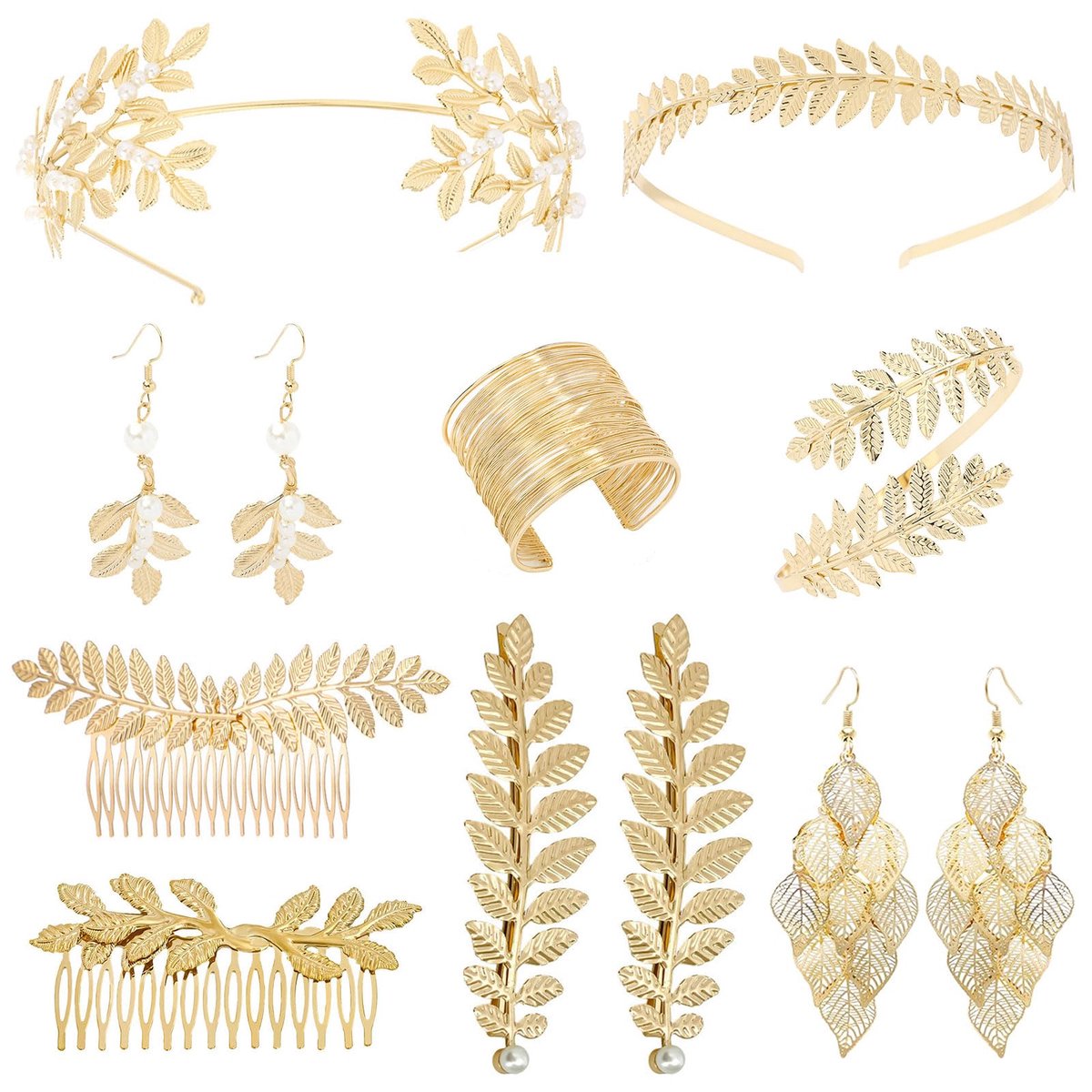 Griekse godin, 10 stuks, sieradenset, Griekse godin, goudkleurig, laurierkroon, armband, manchet, oorbellen, haarspeld, haarkam voor bruiloft