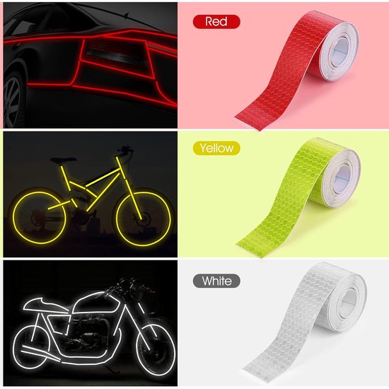 Reflecterende tape op een auto, fiets en motor. Rood, geel en wit.