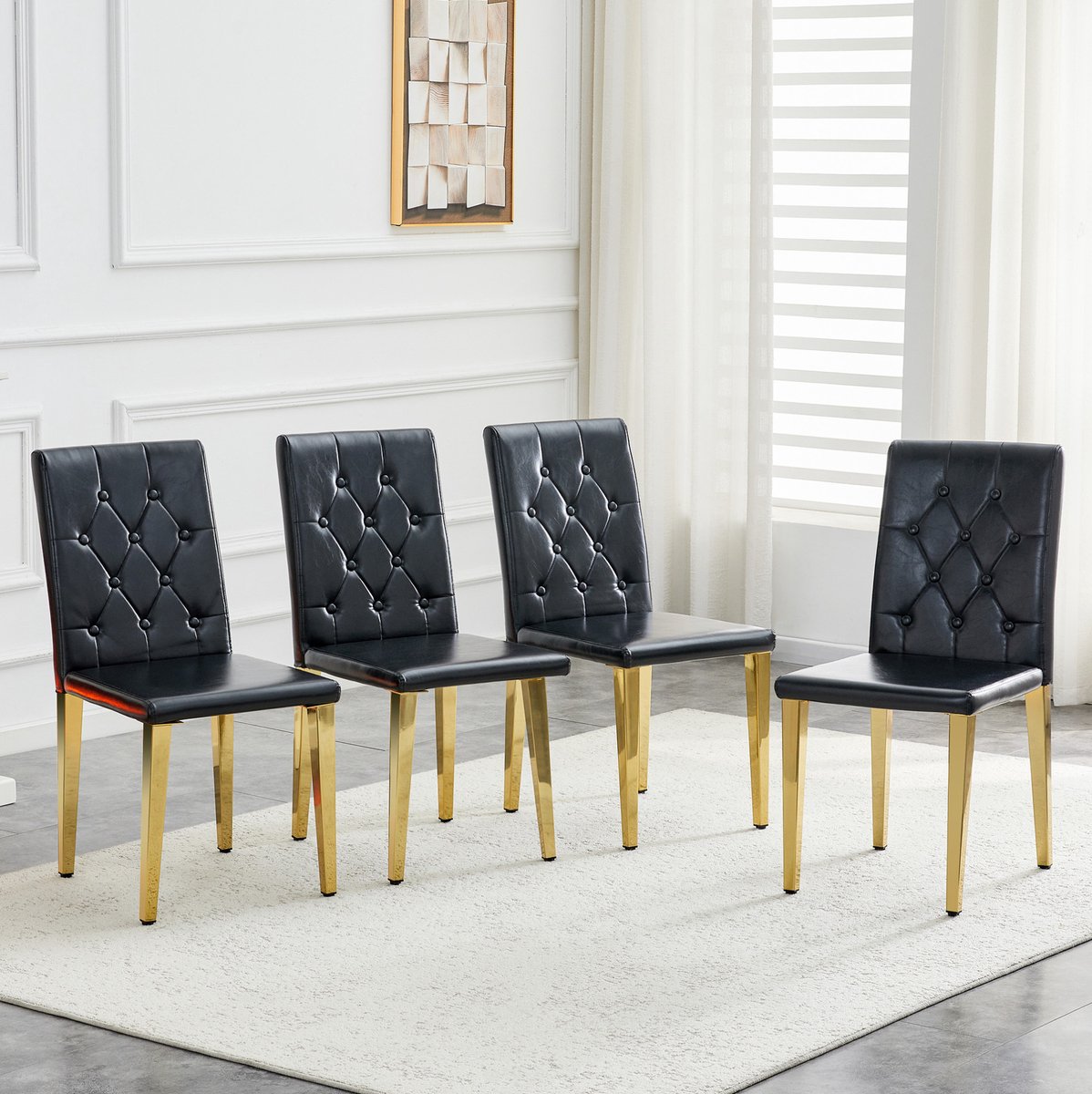 DESMIU Eetkamerstoel Set Van 4 - Zwart Goud - Gecapitonneerde Rugleuning En Zachte Zitting - Voor Eetkamer En Horeca - Kunstleer