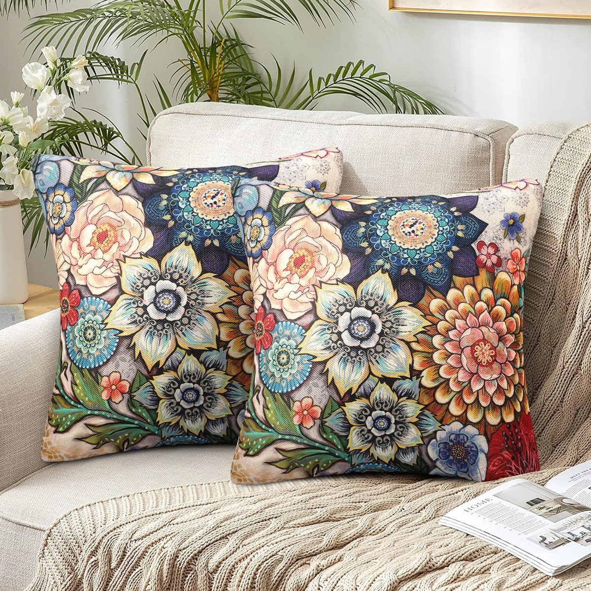 Set van 2 Boheemse kussenslopen, 45 x 45 cm, Indiase kussenovertrekken, decoratief hippie-mandala-bloemenpatroon, linnen kussenovertrekken voor bank, thuis, oosterse decoratie, herfst en