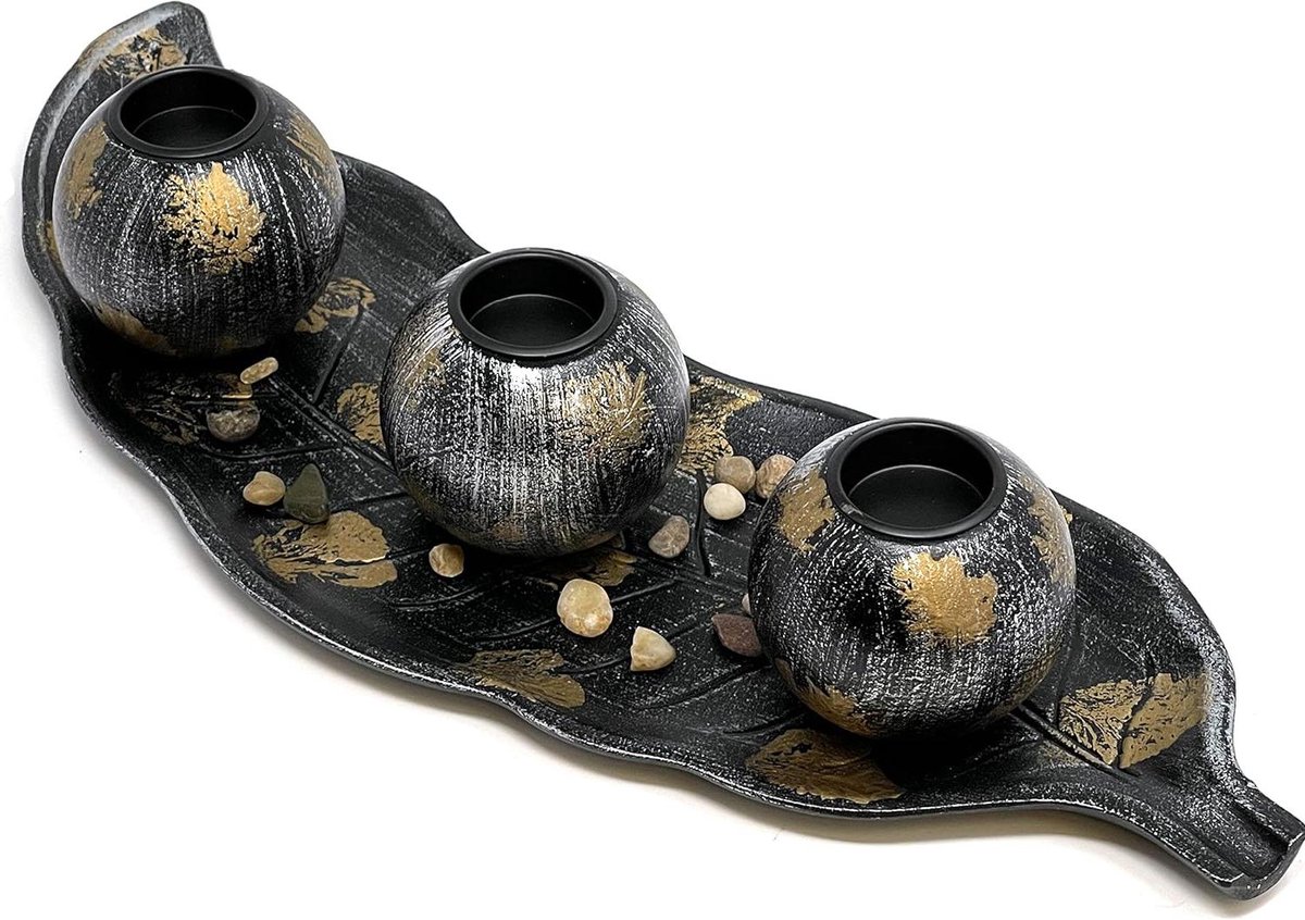 Theelicht Kaarsenhouder - Kaarsenhouder Set - Woonkamer Decoratie - Met Blad Dienblad - 20 Inch - Zwart Goud