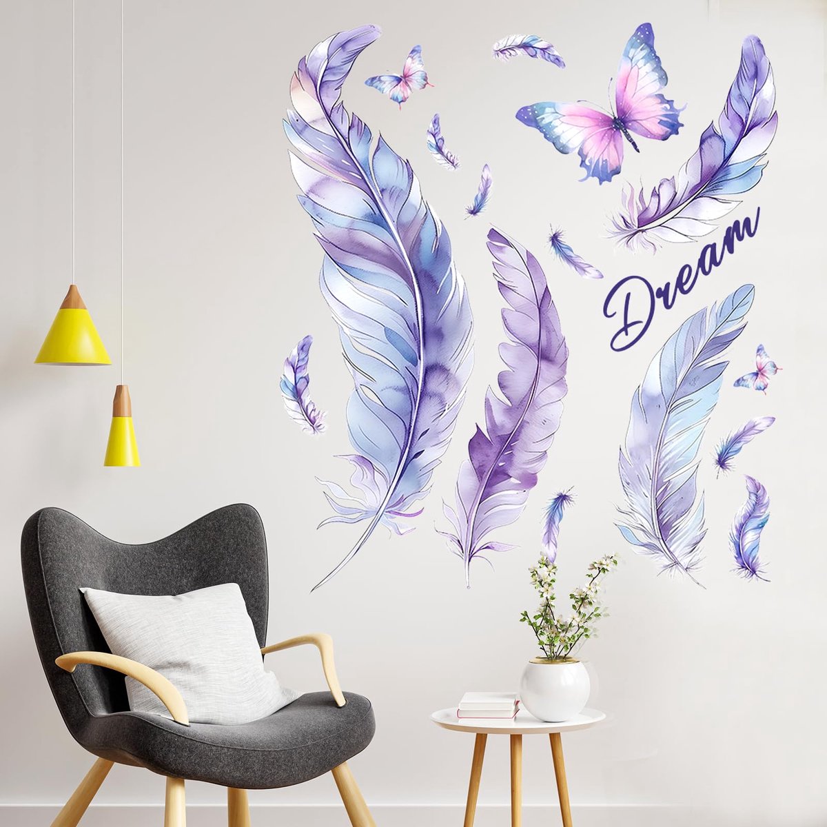 Muurstickers, Paarse Veren Vlinders, Muurstickers, Meisjes Muurstickers, Muurstickers voor Slaapkamer Woonkamer Decoratie, 90 x 29 cm / 35 x 11 inch